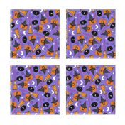 pumpkin witch fabric - pumpkin, broom, cauldron, stars and moons, purple 