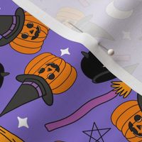 pumpkin witch fabric - pumpkin, broom, cauldron, stars and moons, purple 