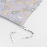 pumpkin witch fabric - pumpkin, broom, cauldron, stars and moons, purple 