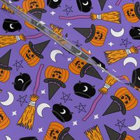 pumpkin witch fabric - pumpkin, broom, cauldron, stars and moons, purple 