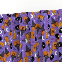 pumpkin witch fabric - pumpkin, broom, cauldron, stars and moons, purple 