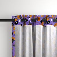 pumpkin witch fabric - pumpkin, broom, cauldron, stars and moons, purple 