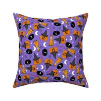 pumpkin witch fabric - pumpkin, broom, cauldron, stars and moons, purple 