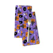 pumpkin witch fabric - pumpkin, broom, cauldron, stars and moons, purple 