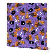pumpkin witch fabric - pumpkin, broom, cauldron, stars and moons, purple 