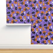 pumpkin witch fabric - pumpkin, broom, cauldron, stars and moons, purple 