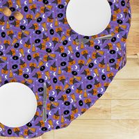 pumpkin witch fabric - pumpkin, broom, cauldron, stars and moons, purple 