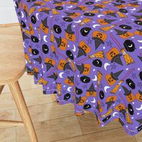 pumpkin witch fabric - pumpkin, broom, cauldron, stars and moons, purple 