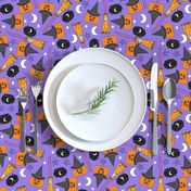 pumpkin witch fabric - pumpkin, broom, cauldron, stars and moons, purple 