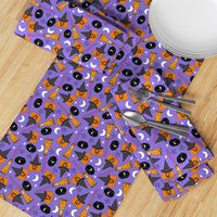 pumpkin witch fabric - pumpkin, broom, cauldron, stars and moons, purple 