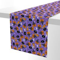 pumpkin witch fabric - pumpkin, broom, cauldron, stars and moons, purple 