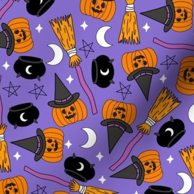 pumpkin witch fabric - pumpkin, broom, cauldron, stars and moons, purple 