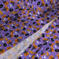 pumpkin witch fabric - pumpkin, broom, cauldron, stars and moons, purple 