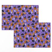 pumpkin witch fabric - pumpkin, broom, cauldron, stars and moons, purple 