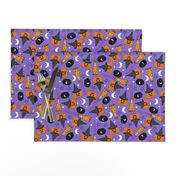 pumpkin witch fabric - pumpkin, broom, cauldron, stars and moons, purple 