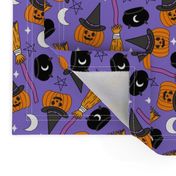 pumpkin witch fabric - pumpkin, broom, cauldron, stars and moons, purple 