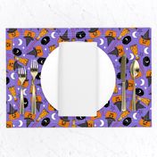 pumpkin witch fabric - pumpkin, broom, cauldron, stars and moons, purple 