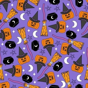 pumpkin witch fabric - pumpkin, broom, cauldron, stars and moons, purple 