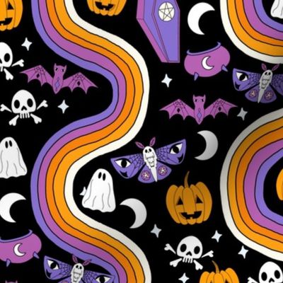 halloween rainbow fabric - coffin, ghost, moth, pumpkins