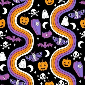 halloween rainbow fabric - coffin, ghost, moth, pumpkins