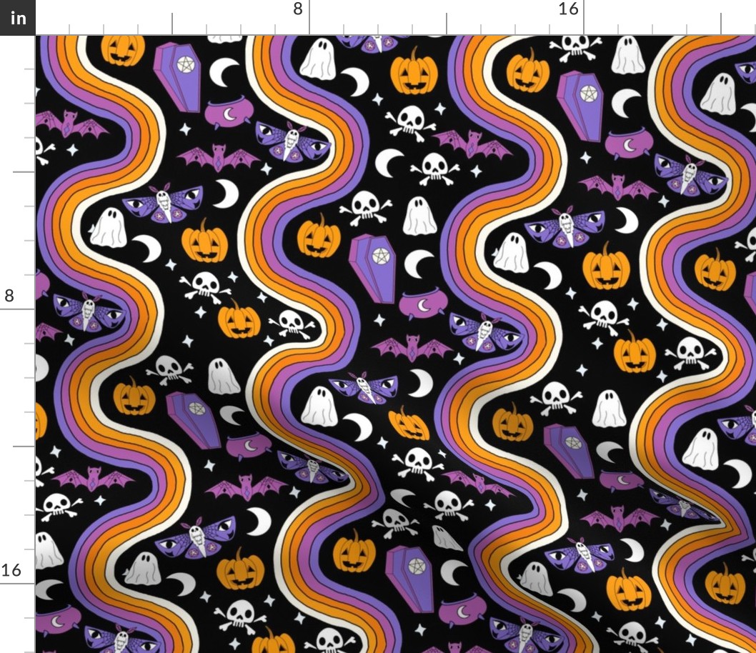 halloween rainbow fabric - coffin, ghost, moth, pumpkins