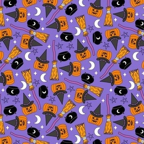 SMALL pumpkin witch fabric - pumpkin, broom, cauldron, stars and moons, purple 