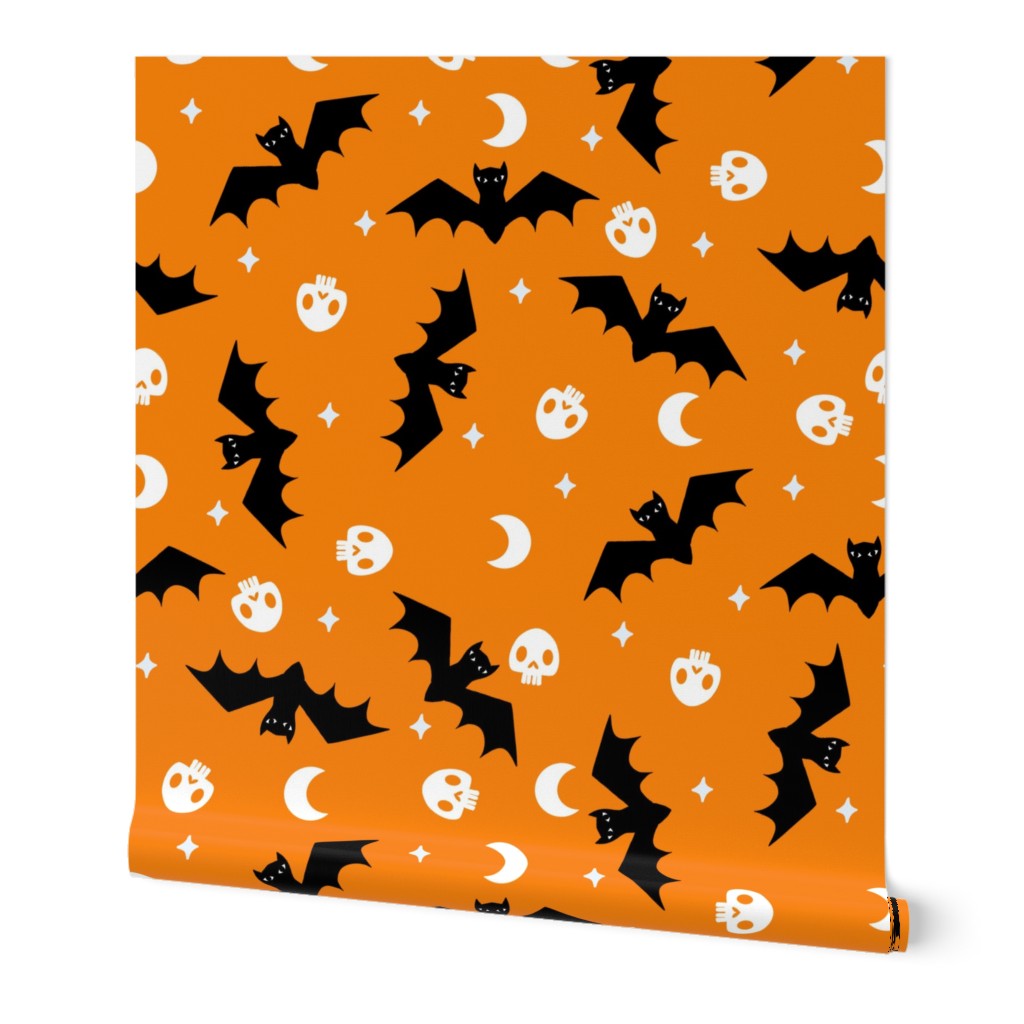 bat moon skull fabric fabric halloween fabric orange fabric