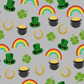 st patricks day fabric - leprechaun fabric, pot of gold, lucky fabric, luck of the irish fabric, rainbow fabric -  grey