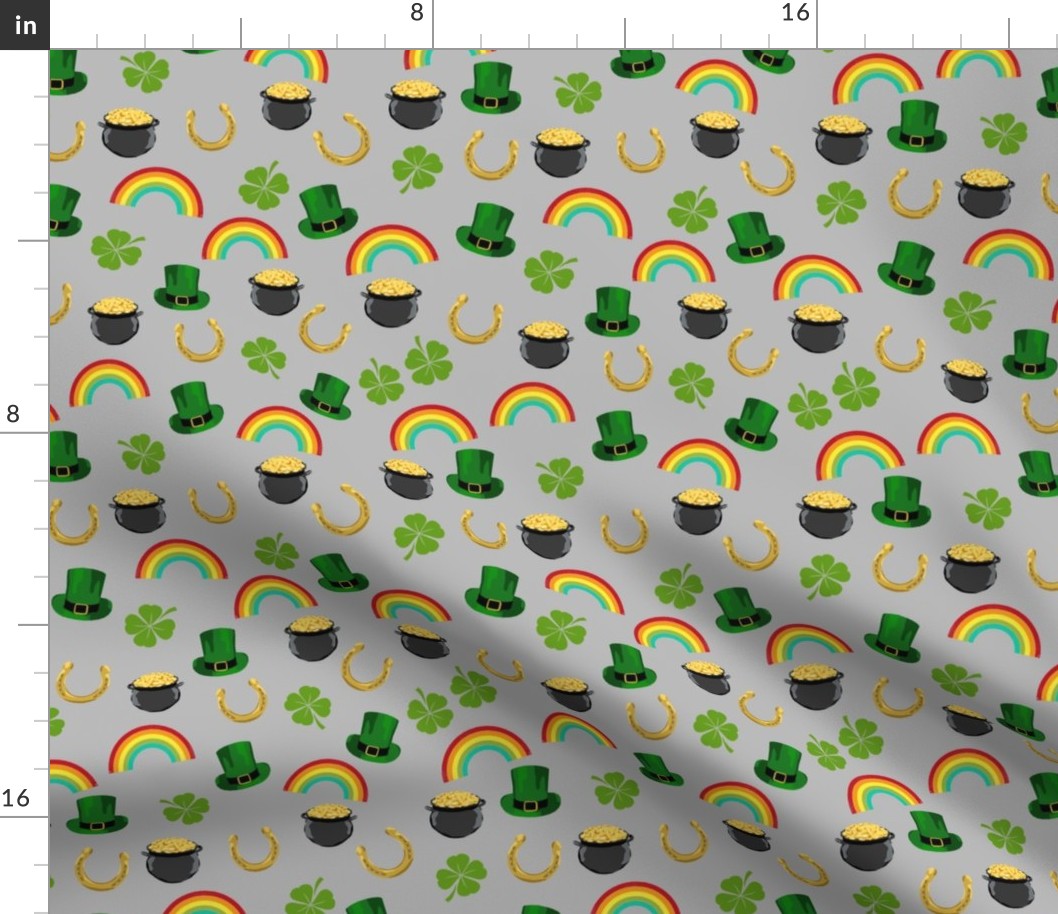 st patricks day fabric - leprechaun fabric, pot of gold, lucky fabric, luck of the irish fabric, rainbow fabric -  grey