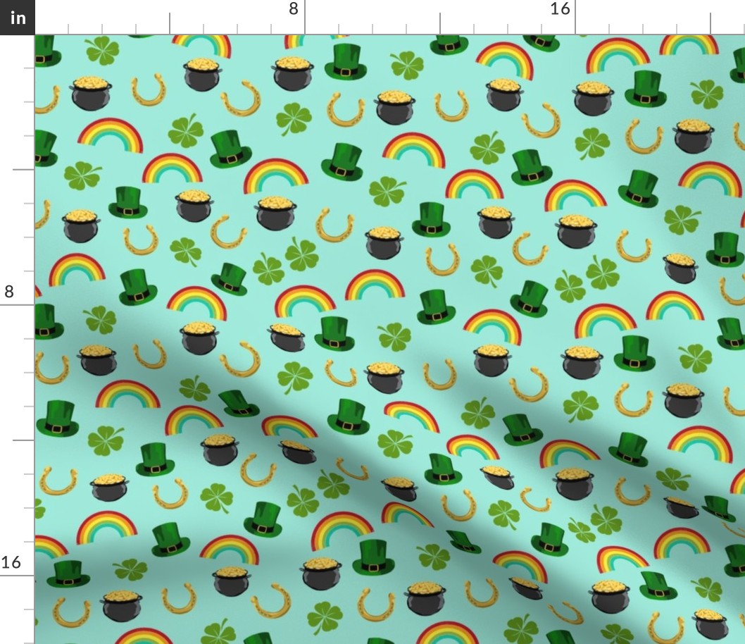 st patricks day fabric - leprechaun fabric, pot of gold, lucky fabric, luck of the irish fabric, rainbow fabric - mint