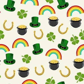st patricks day fabric - leprechaun fabric, pot of gold, lucky fabric, luck of the irish fabric, rainbow fabric - cream