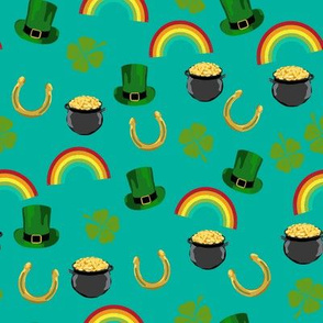 st patricks day fabric - leprechaun fabric, pot of gold, lucky fabric, luck of the irish fabric, rainbow fabric - teal