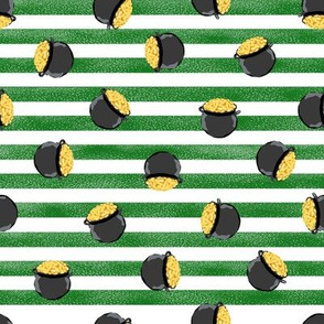 pot of gold fabric - lucky fabric, st patricks fabric, st patricks day,  gold coins fabric - green stripes