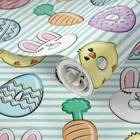 easter donuts - bunnies, chicks, carrots, eggs - easter fabric - aqua stripes LAD19