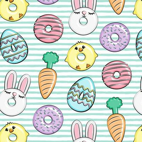 easter donuts - bunnies, chicks, carrots, eggs - easter fabric - aqua stripes LAD19