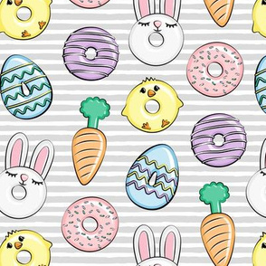 easter donuts - bunnies, chicks, carrots, eggs - easter fabric - grey stripes LAD19