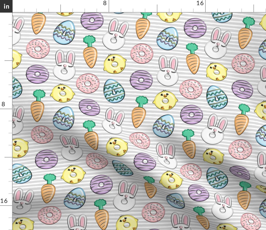 easter donuts - bunnies, chicks, carrots, eggs - easter fabric - grey stripes LAD19