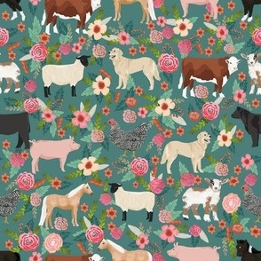 farm yard floral - with golden retrievers, cow, horse, goat, chicken, sheep, golden retrievers - dark