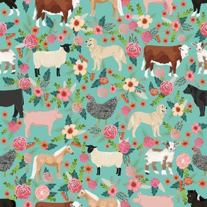 farm yard floral - with golden retrievers, cow, horse, goat, chicken, sheep, golden retrievers - light