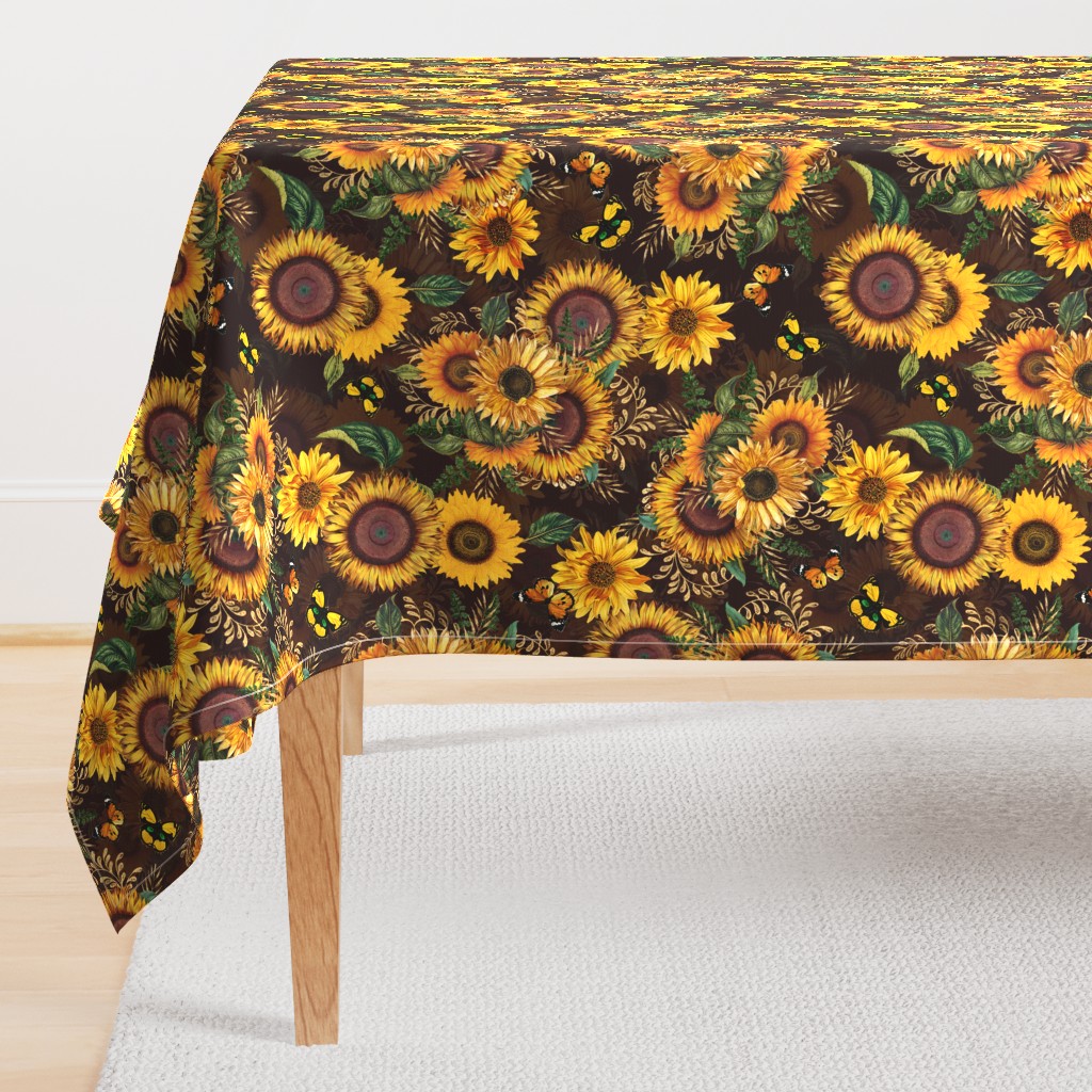 18" Antique Sunflower bouquets, sunflower fabric, sunflowers fabric, brown