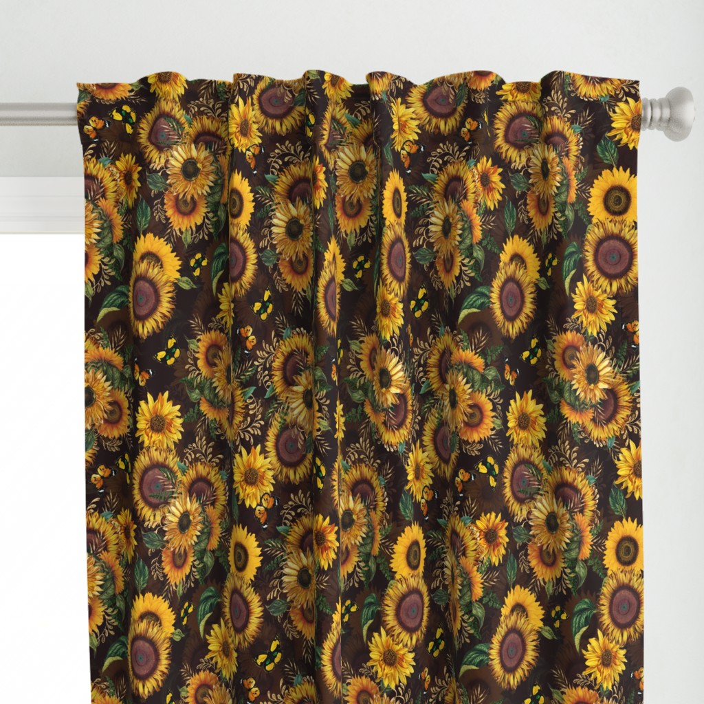 18" Antique Sunflower bouquets, sunflower fabric, sunflowers fabric, brown