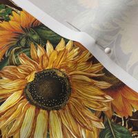 18" Antique Sunflower bouquets, sunflower fabric, sunflowers fabric, brown