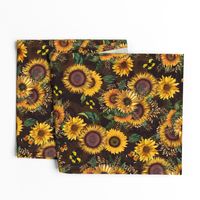 18" Antique Sunflower bouquets, sunflower fabric, sunflowers fabric, brown