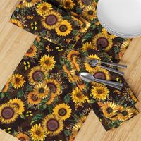 18" Antique Sunflower bouquets, sunflower fabric, sunflowers fabric, brown