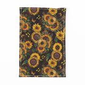 18" Antique Sunflower bouquets, sunflower fabric, sunflowers fabric, brown