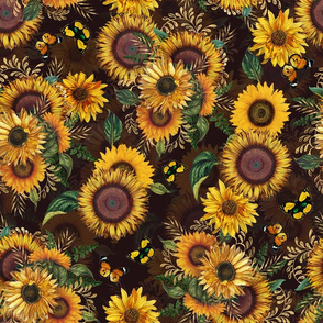 18" Antique Sunflower bouquets, sunflower fabric, sunflowers fabric, brown