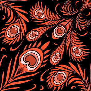 coral and black peacock damask