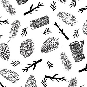 pinecones and sticks, logs, outdoors, fabric - black and white