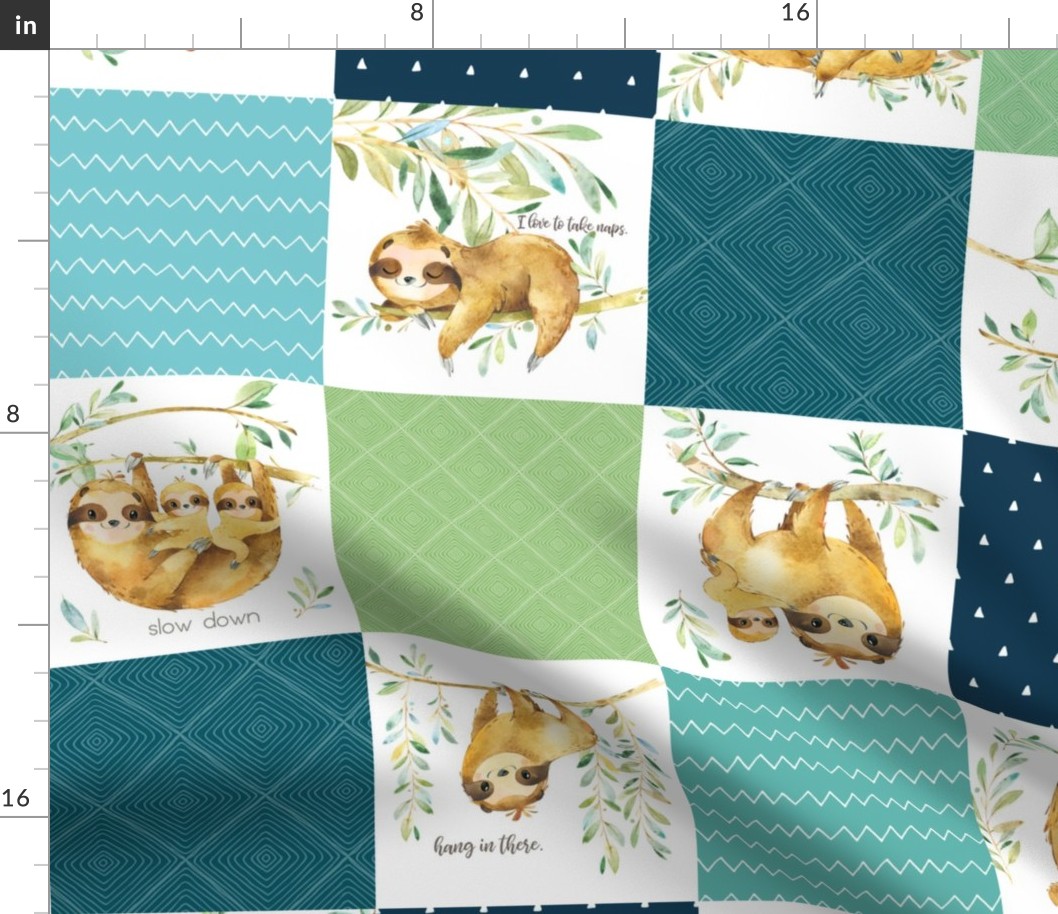Sloth Cheater Quilt – Patchwork Blanket Baby Boy Bedding, Teal Blue Green, Design GL