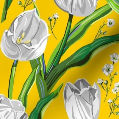 Big White Tulips + Baby’s Breath | Yellow, Green